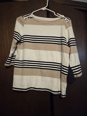 Striped Boatneck Button Shoulder Top - Beige, Black & White